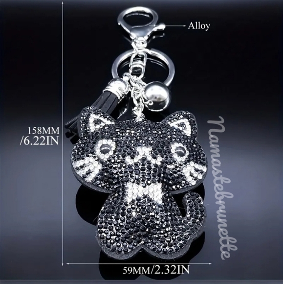 Kitty Cat Crystal Rhinestone Keychain Bag Charm With Black Tassel - Picture 5 of 11